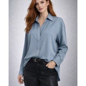Vince. Dusty Blue Silk Shimmer Business Career Mature Feminine Blouse L